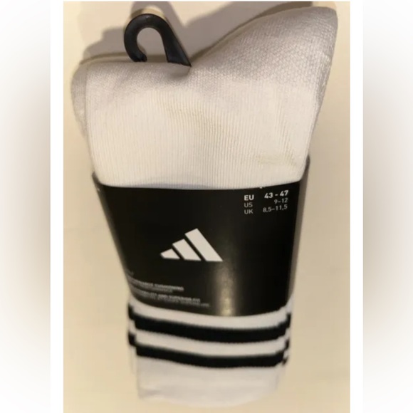 Adidas Golf Crew Socks 3 Pair Men 9-12 White Black 3 Stripe & Logo Cushioned NEW - Picture 11 of 11